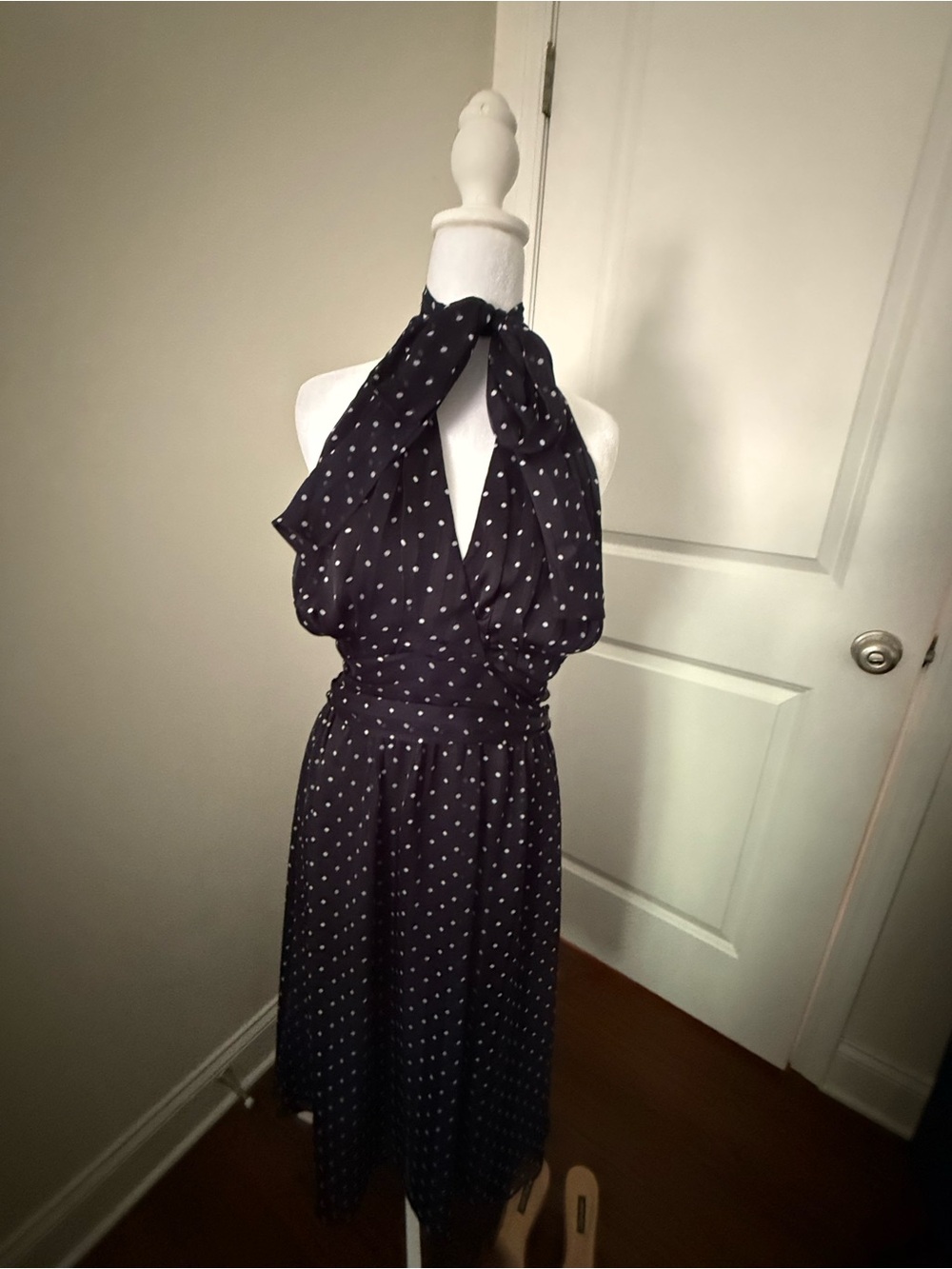 White House Black Market Black Halter Polka Dot Midi Dress